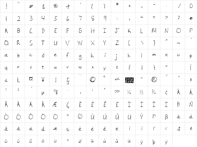 NewellsHand Regular  glyph index