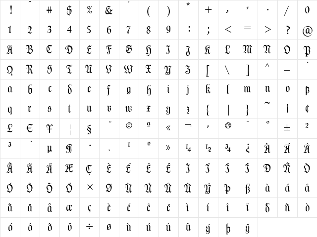 Dala LT Regular  glyph index