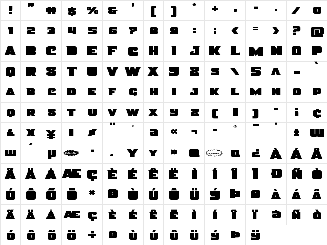 Justice Expanded Straight Expanded  glyph index