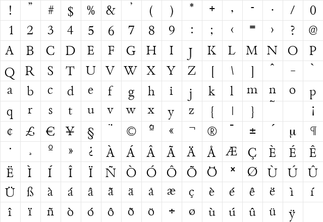 BambergSerial-Light Regular  glyph index