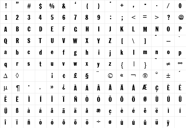 FranklinHeadlineNarrow Bold  glyph index