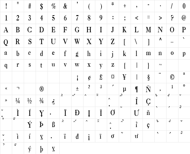 VNI-Casca Normal  glyph index