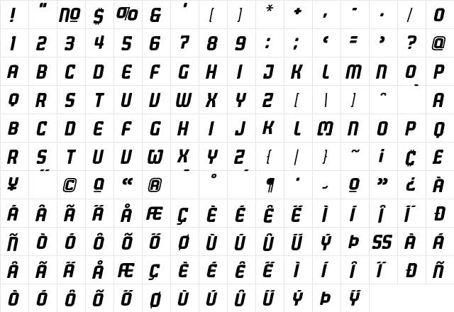 Judgement MediumItalic  glyph index