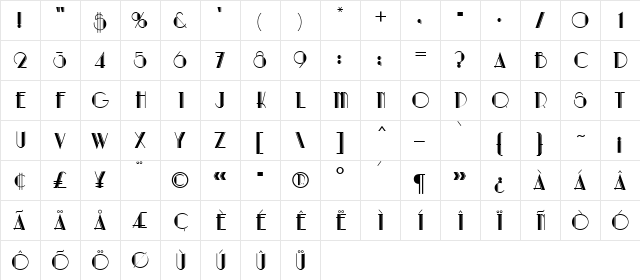 Artdeco MN Regular  glyph index