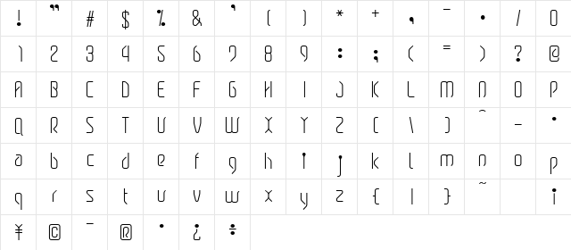 Skinny AL  glyph index