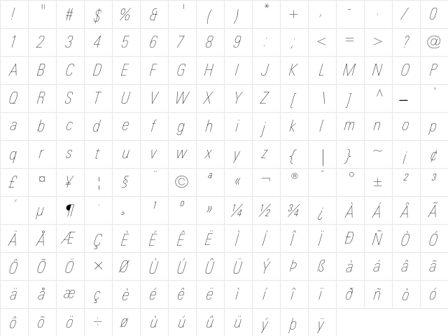 LinotypeUnivers CondUltraLightItalic  glyph index