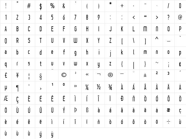 Prozak Light  glyph index