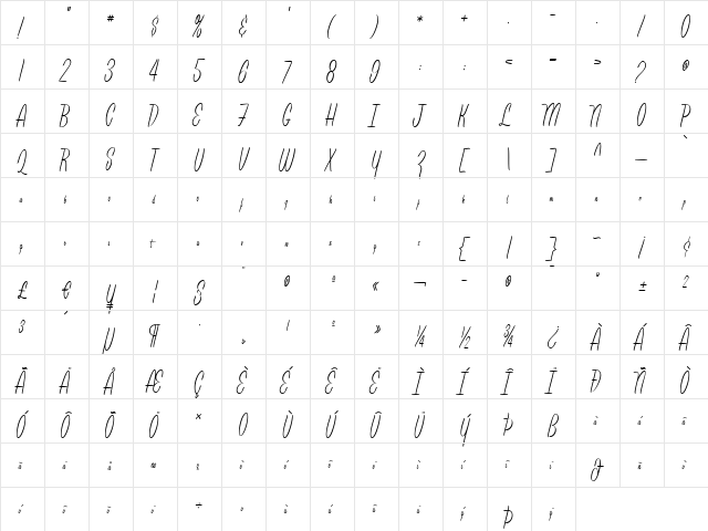 LeisureScriptMarquee Regular  glyph index