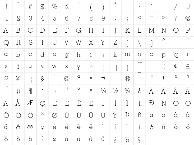 MemphisTExtLig Regular  glyph index