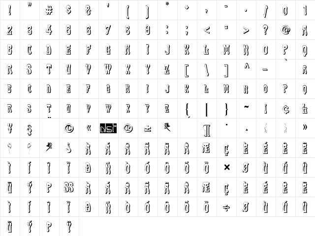 Traktir-Modern 3-D Regular  glyph index