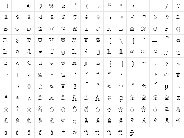 CountdownOpen Regular  glyph index