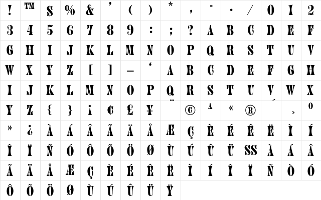 Juniper-Thin Regular  glyph index