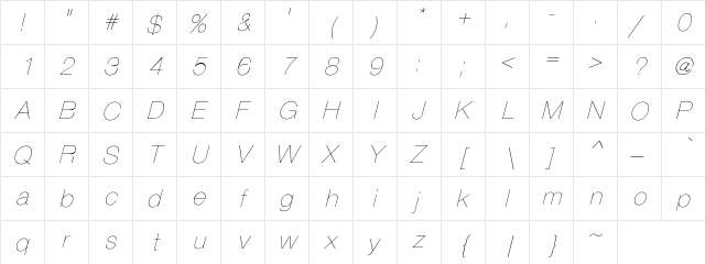 HelveticaObl-Th Regular  glyph index