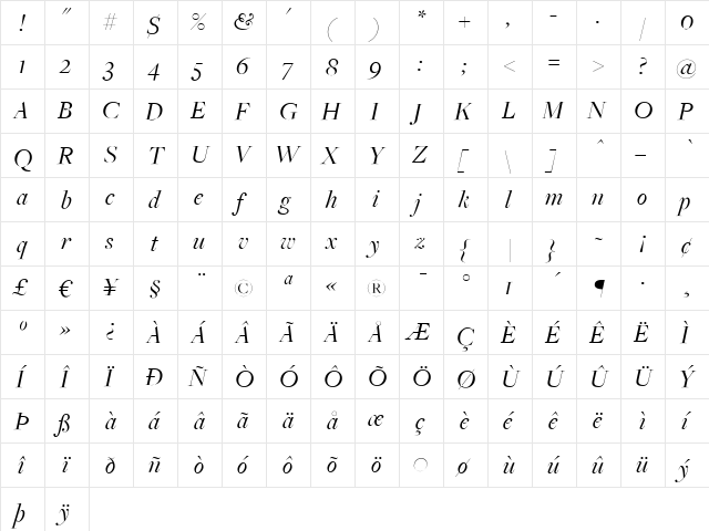 FreightBigBookItalic Regular  glyph index