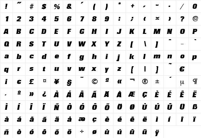 Rochester-HeavyIta Regular  glyph index