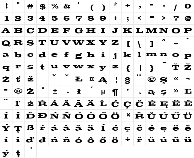 ClarendonTEEBolExp Regular  glyph index