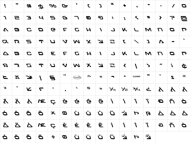 4114 Blaster Leftalic Italic  glyph index