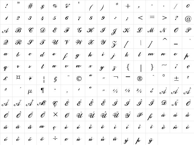 CommercialScriptBT Regular  glyph index