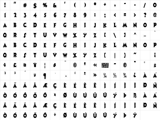 CoasterNarrow Regular  glyph index