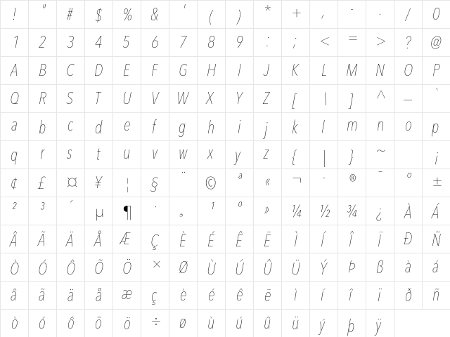 Avenir Next LT Pro Ultra Light Condensed Italic  glyph index