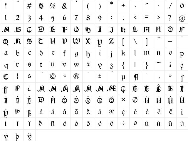 BoereTudor Regular  glyph index