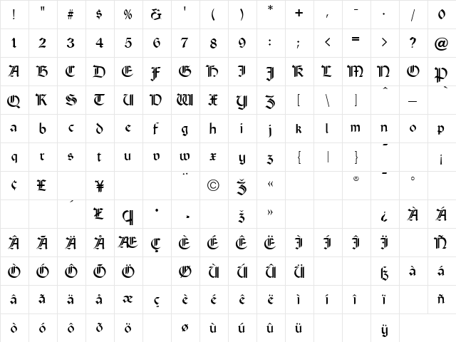 Court Hand Regular  glyph index