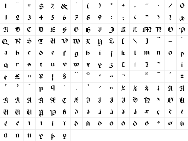 Paganini Regular  glyph index