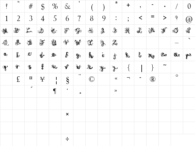 Denne Angel Regular  glyph index