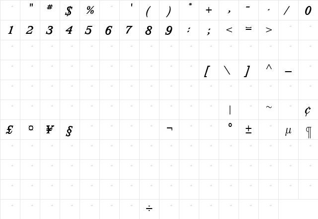 WaverlyBoldItalicTab Roman  glyph index