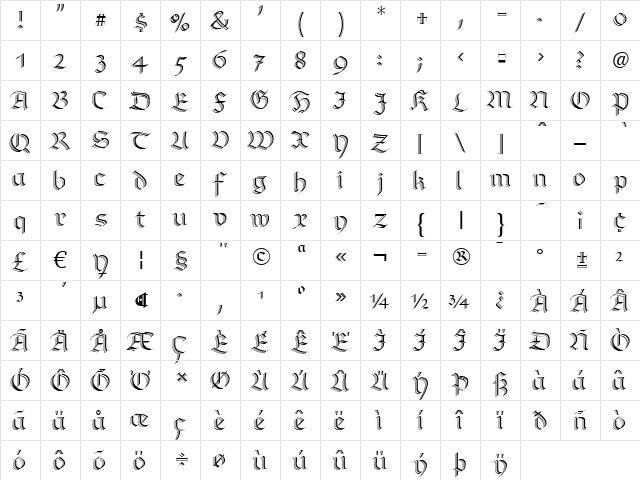 RichmondZierschrift LT Regular  glyph index