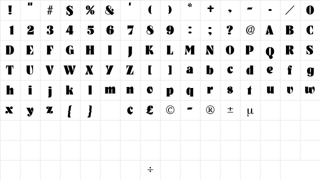 GlenysDisplaySSK Regular  glyph index
