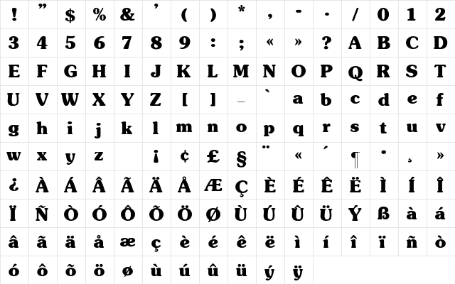 Souvenir_Bold Regular  glyph index