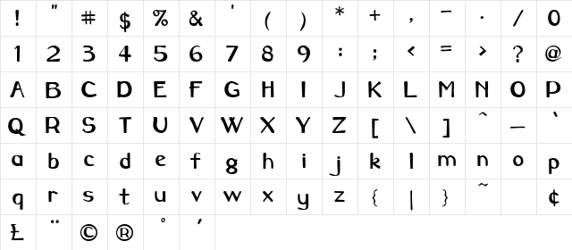 Caraway Bold  glyph index