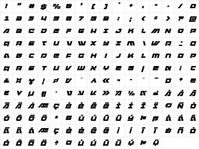 Armed Lightning Academy Italic Italic  glyph index