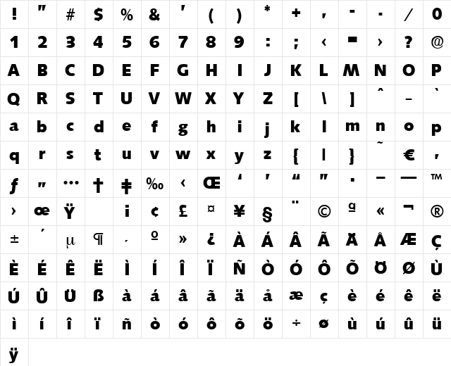 Saxony-Bold Regular  glyph index