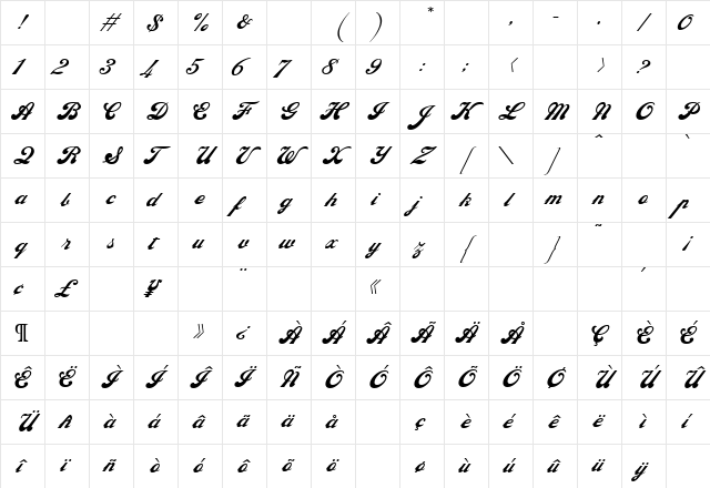 Ebor Script Regular  glyph index