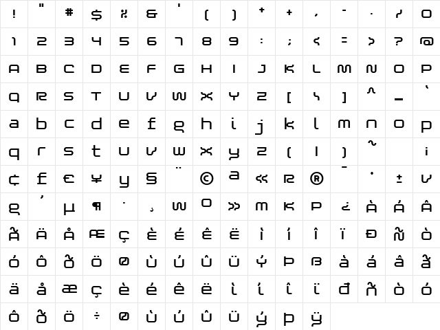 Blessed Regular  glyph index