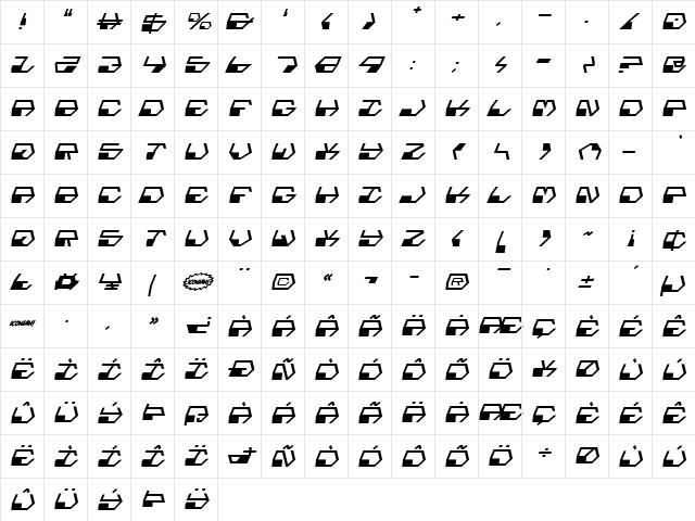 Deranian Italic Italic  glyph index