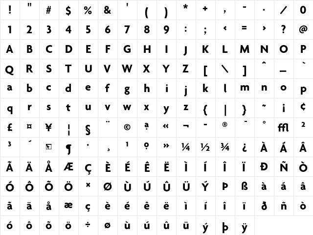 Agenda Bold  glyph index