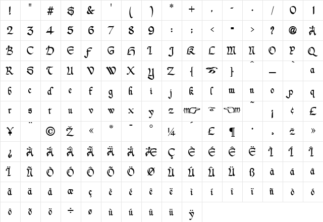 NicholiniBroadpen Regular  glyph index