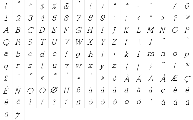 Tulane-Italic Regular  glyph index