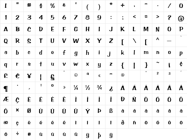 Dance Craze BV Regular  glyph index