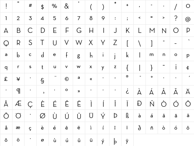 Neutra Display Thin Medium  glyph index