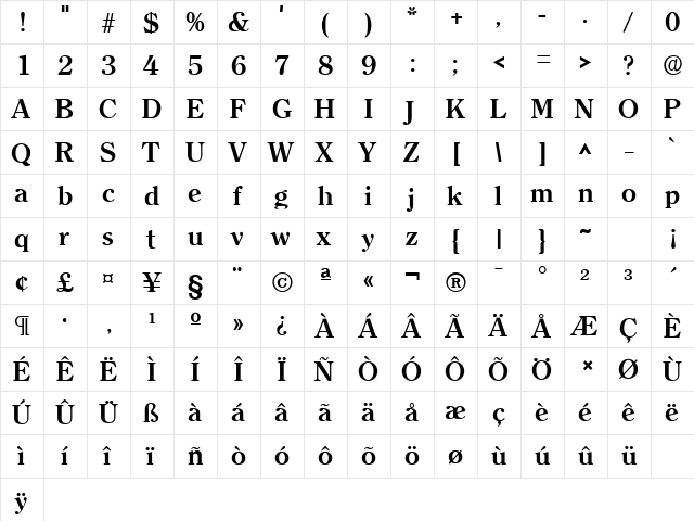 Clarity Serif SF Bold  glyph index