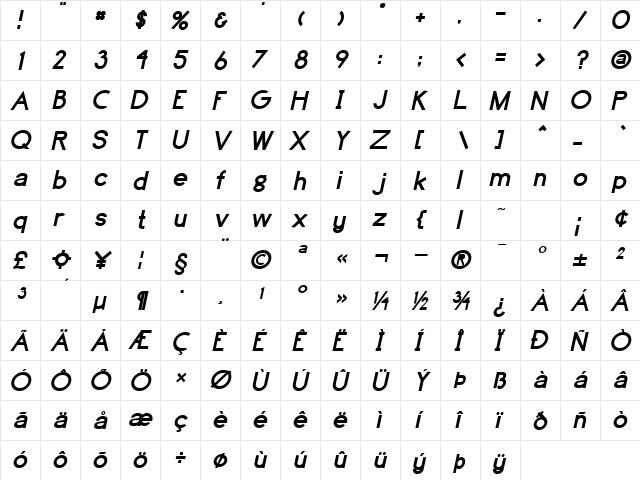 Highball Bold Italic  glyph index