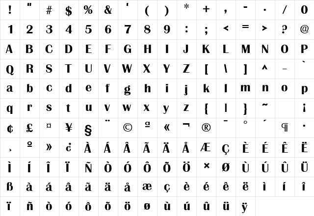 Grenoble SF Bold  glyph index