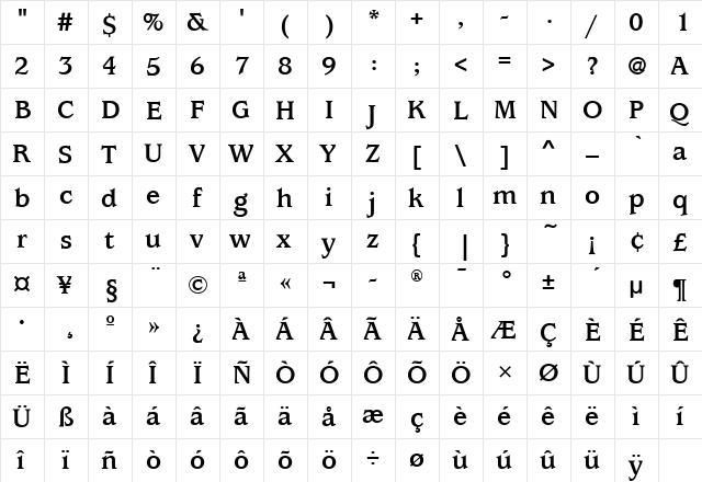 UsherwoodITC Bold  glyph index