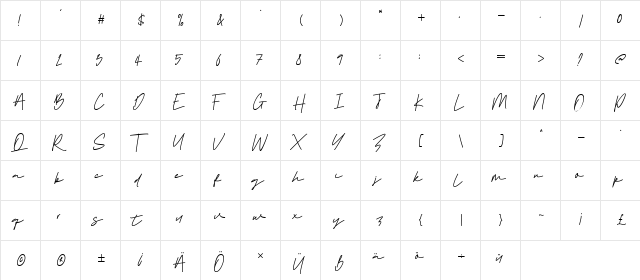 Sebastian Signature Regular  glyph index