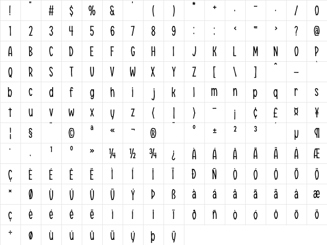 Marinui Regular  glyph index