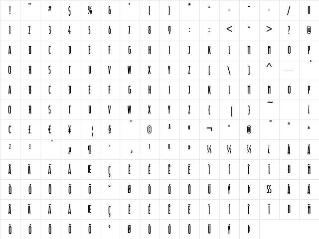 Durango-Compressed Bold  glyph index